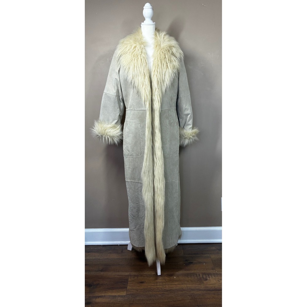 Cami International Womens Beige Leather Maxi Coat Faux Fur Trim Penny Lane L